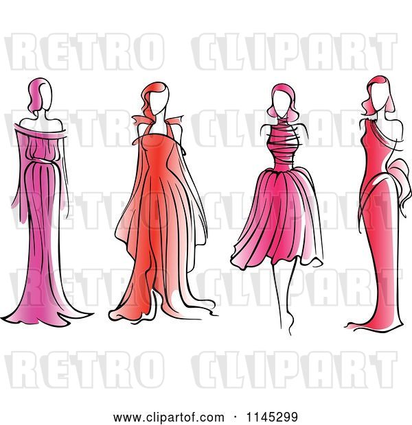Vector Clip Art of Retro Fashion Models in Pink and Red Dresses