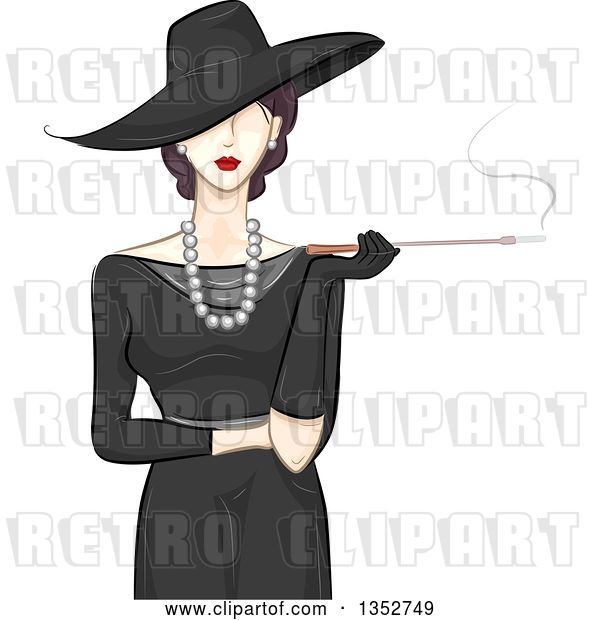 Vector Clip Art of Retro Fashionable Lady in a Style Hat and Dress, Smoking a Cigarette with a Long Filter