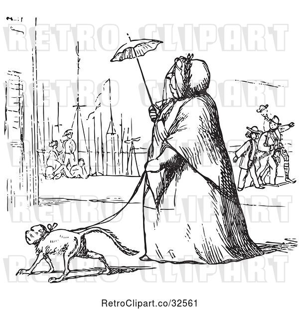 Vector Clip Art of Retro Fat Lady Walking a Dog in