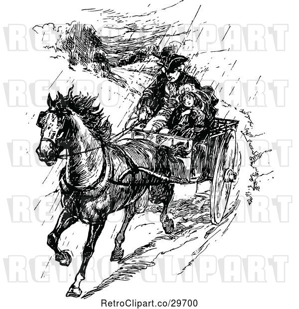 Vector Clip Art of Retro Father and Girl on a Horse Cart in the Rain