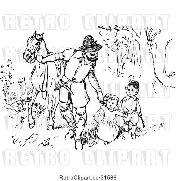 Vector Clip Art of Retro Father Walking His KChildren and Horse Through the Woods