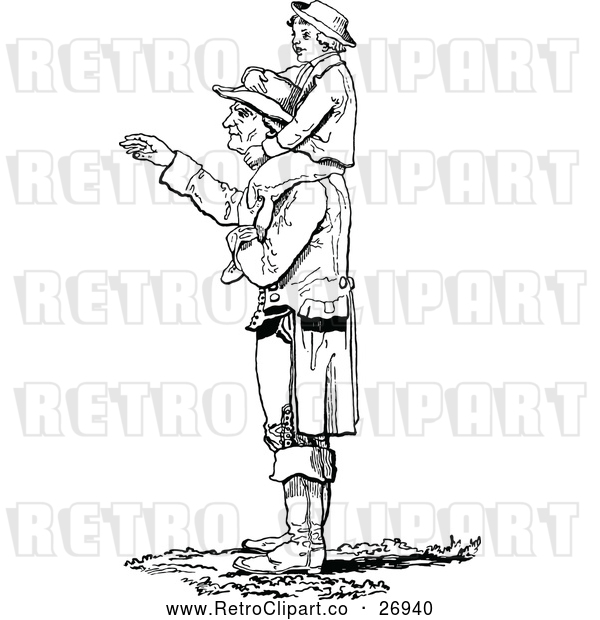 Vector Clip Art of Retro Father with His Son on His Shoulders