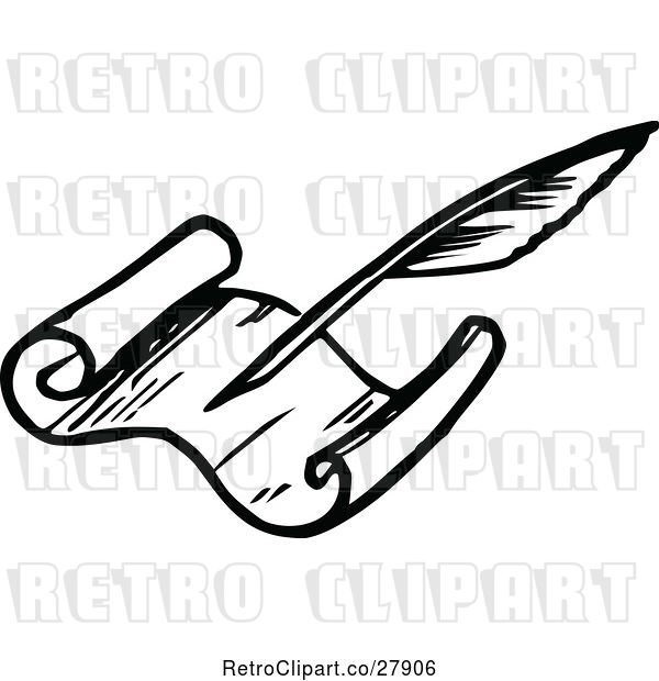 Vector Clip Art of Retro Feather and Parchment Scroll