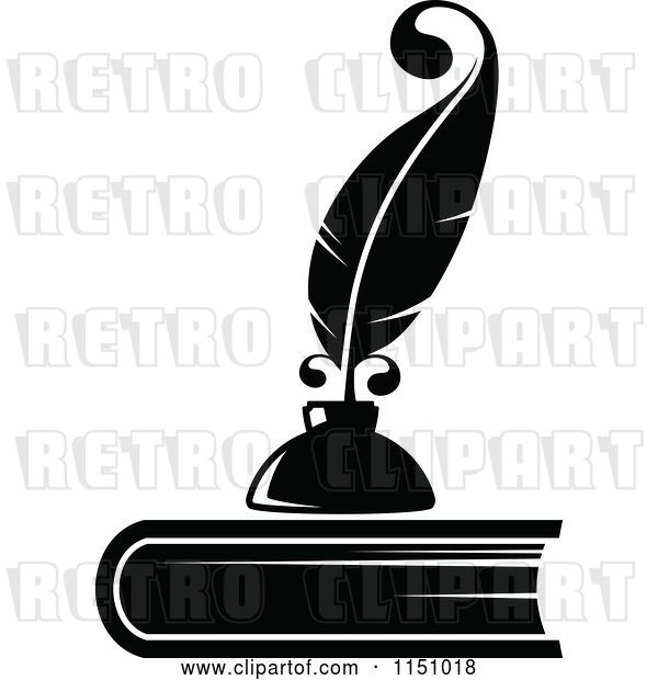 Vector Clip Art of Retro Feather Quill Pen and Ink Well on a Book