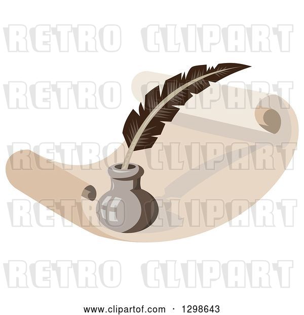 Vector Clip Art of Retro Feather Quill Pen and Ink Well on a Sheet of Scroll Paper