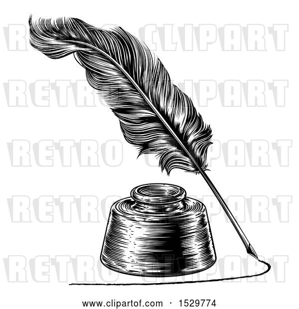 Vector Clip Art of Retro Feather Quill Pen Drawing a Line Around an Ink Well