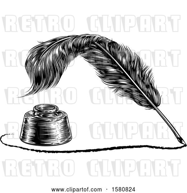 Vector Clip Art of Retro Feather Quill Pen Drawing a Line Around an Ink Well