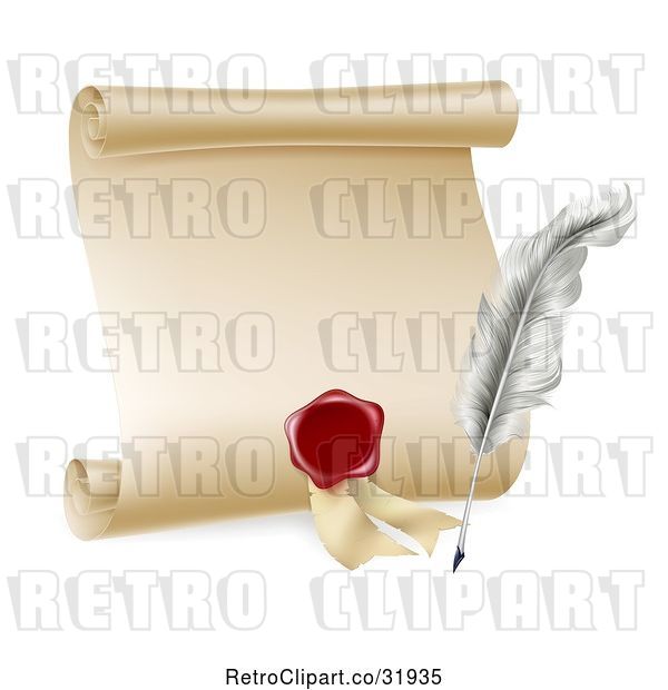 Vector Clip Art of Retro Feather Quill Pen, Wax Seal and Blank Scroll