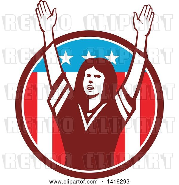 Vector Clip Art of Retro Female American Football Fan Cheering with Her Arms up in an American Circle