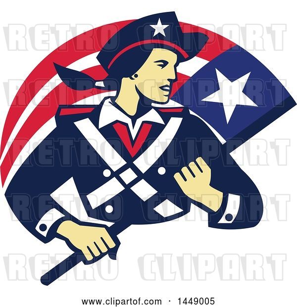 Vector Clip Art of Retro Female American Patriot Minuteman Revolutionary Soldier with a Flag Banner