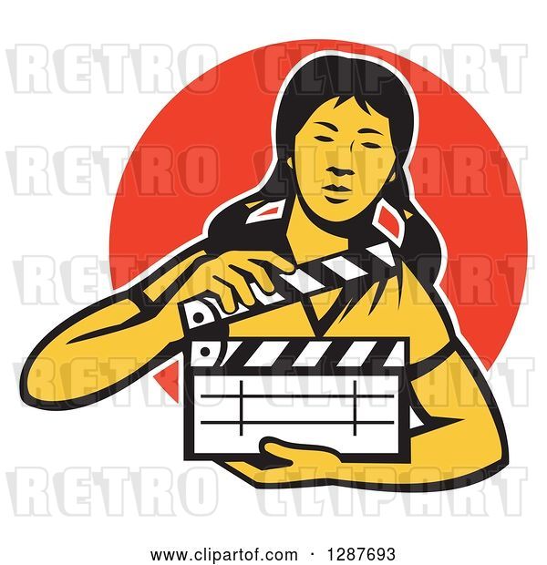 Vector Clip Art of Retro Female Asian Film Crew Worker Holding a Clapper over an Orange Circle