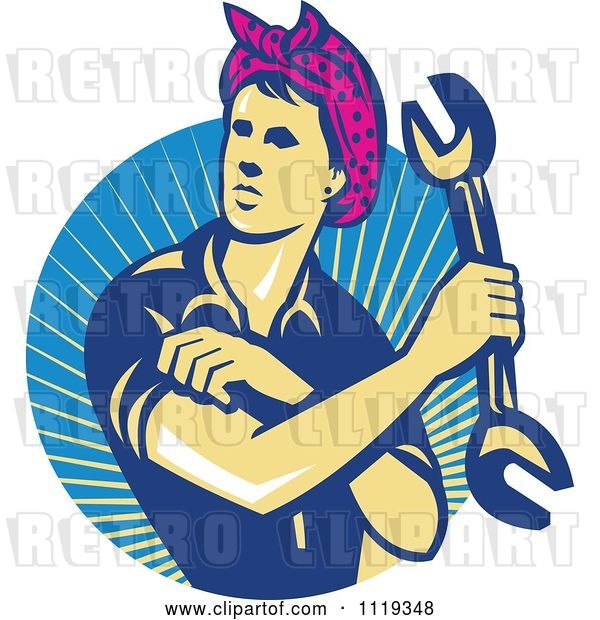 Vector Clip Art of Retro Female Auto Mechanic Flexing and Holding a Wrench over Rays
