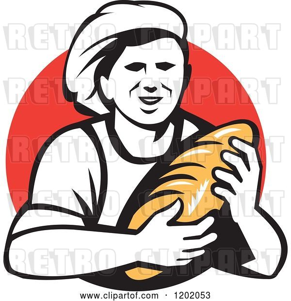Vector Clip Art of Retro Female Baker Holding a Bread Loaf over a Red Circle