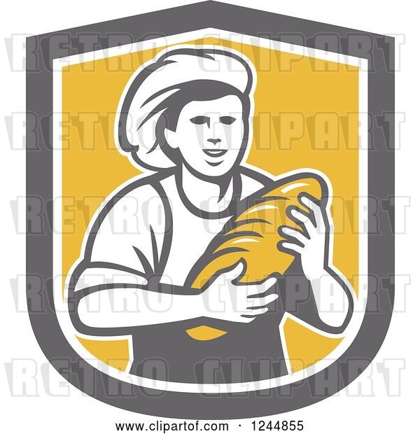Vector Clip Art of Retro Female Baker Holding Bread in a Shield