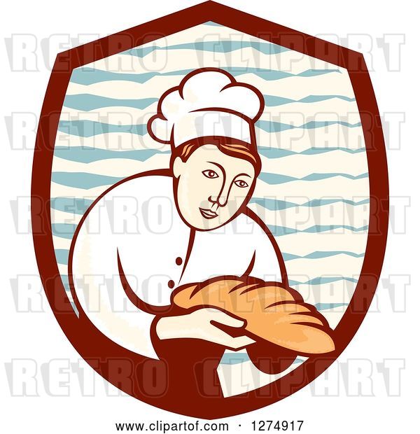Vector Clip Art of Retro Female Baker Holding out Bread in a Shield