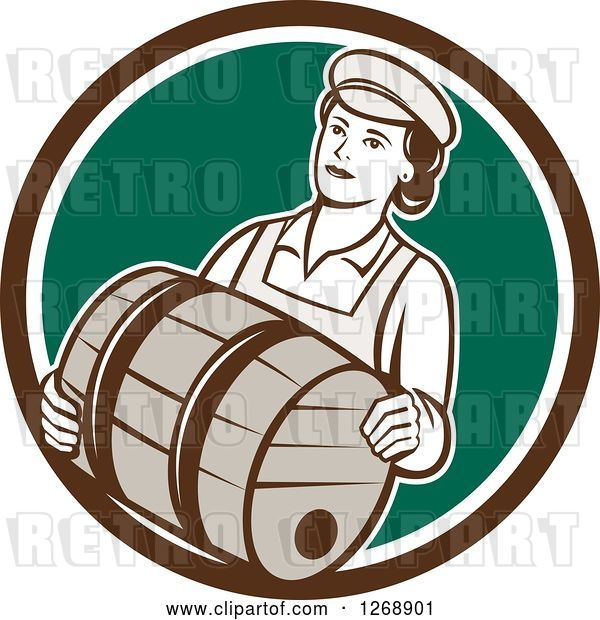 Vector Clip Art of Retro Female Bartender Carrying a Beer Keg Barrel in a Brown White and Green Circle