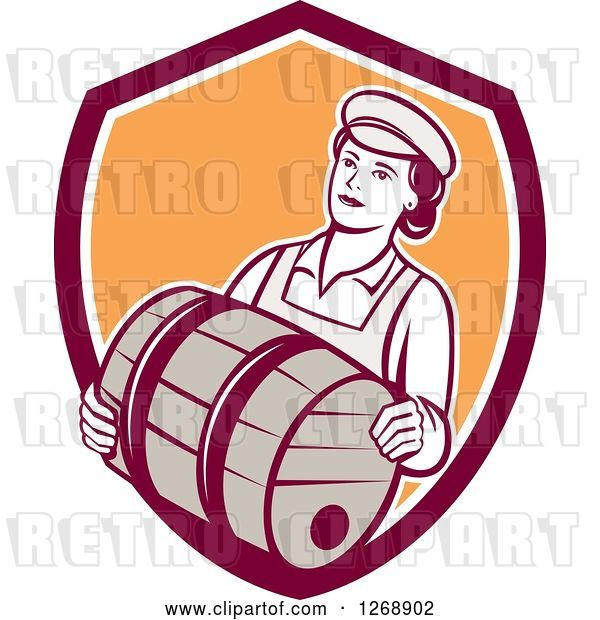 Vector Clip Art of Retro Female Bartender Carrying a Beer Keg Barrel in a Shield