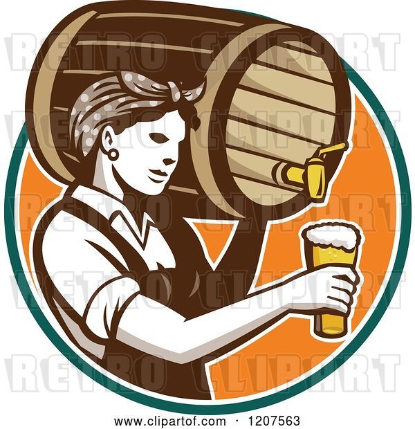 Vector Clip Art of Retro Female Bartender Pouring Beer from a Keg