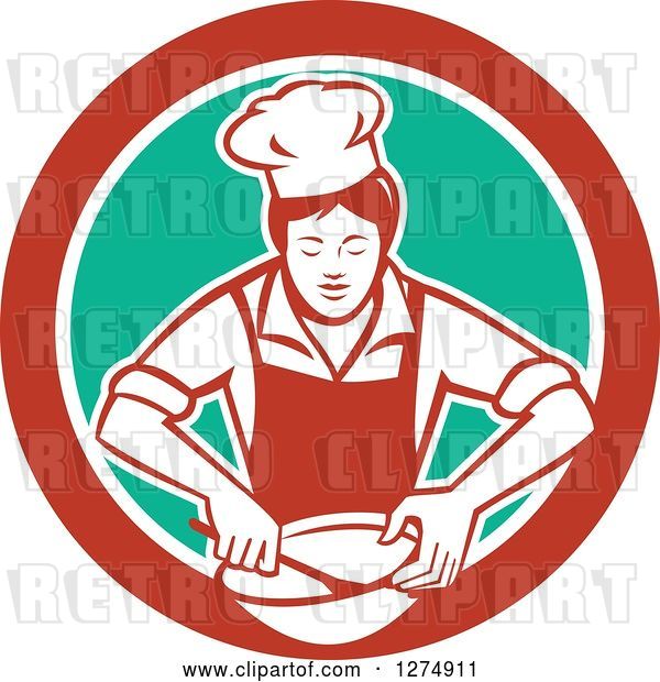Vector Clip Art of Retro Female Chef Mixing Ingredients in a Bowl Inside a Red White and Green Circle
