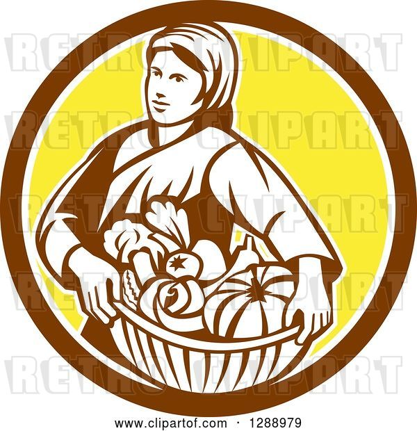 Vector Clip Art of Retro Female Farmer Holding a Basket of Harvest Produce in a Brown White and Yellow Circle