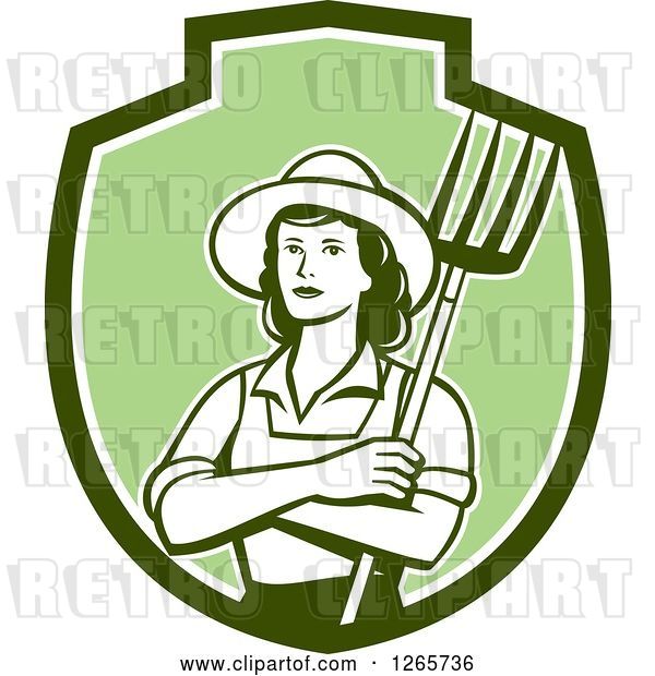 Vector Clip Art of Retro Female Farmer Holding a Pitchfork in a Green and White Shield