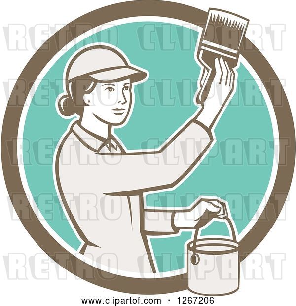 Vector Clip Art of Retro Female House Painter Using a Brush in a Brown White and Turquoise Circle
