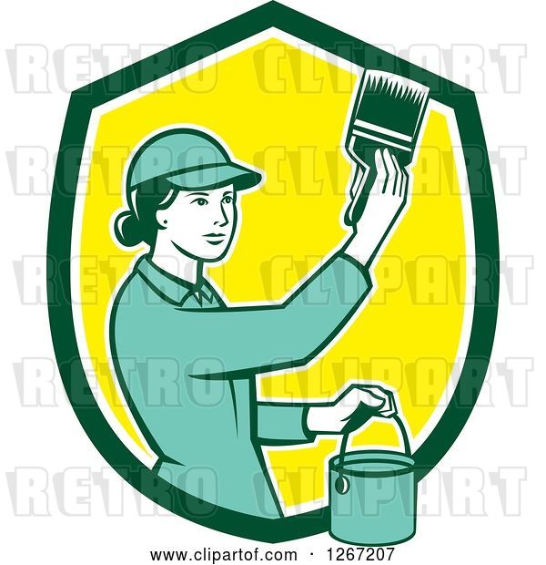 Vector Clip Art of Retro Female House Painter Using a Brush in a Green White and Yellow Shield