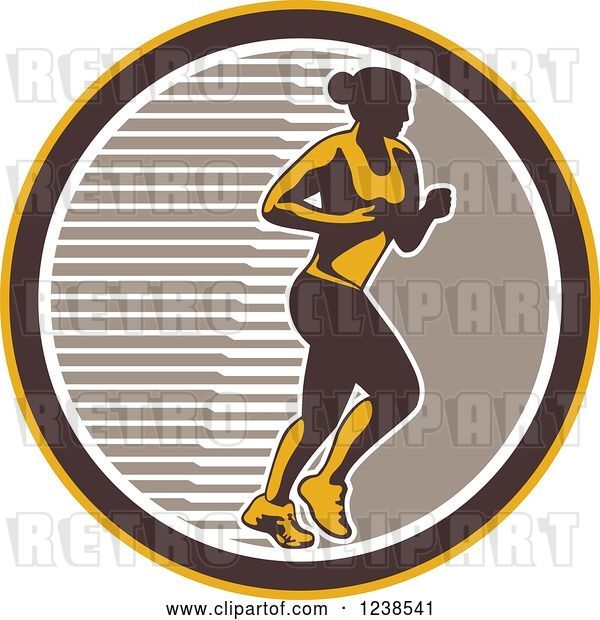 Vector Clip Art of Retro Female Marathon Runner in a Brown White and Yellow Circle