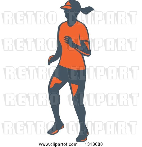Vector Clip Art of Retro Female Marathon Runner in Gray and Orange