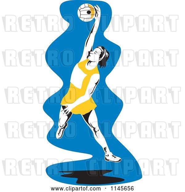 Vector Clip Art of Retro Female Netball Player Jumping over Blue