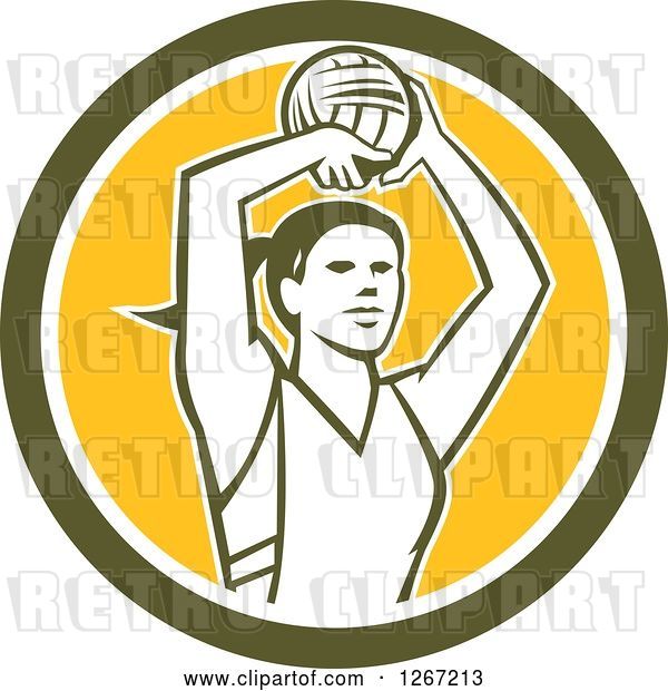 Vector Clip Art of Retro Female Volleyball or Netball Player in a Green White and Yellow Circle