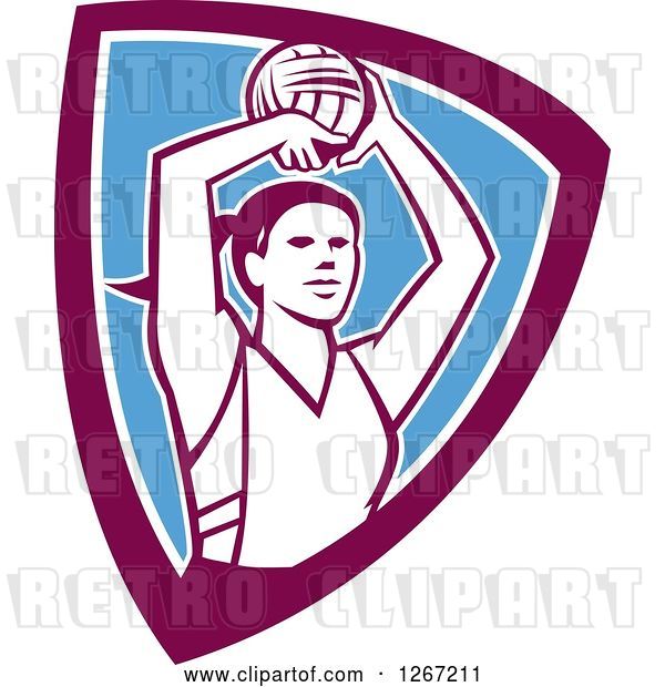 Vector Clip Art of Retro Female Volleyball or Netball Player in a Purple White and Blue Shield