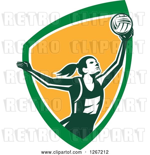 Vector Clip Art of Retro Female Volleyball or Netball Player Serving in a Green White and Orange Shield