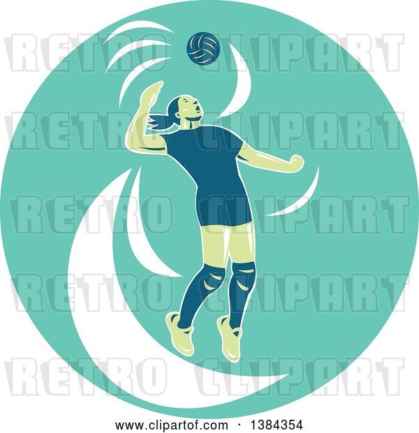 Vector Clip Art of Retro Female Volleyball Player Jumping and Spiking the Ball in a Turquoise Oval