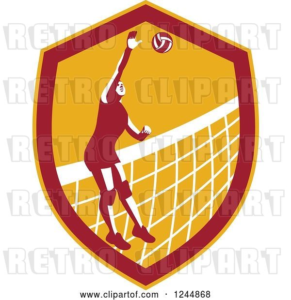 Vector Clip Art of Retro Female Volleyball Player Spiking a Ball in a Shield