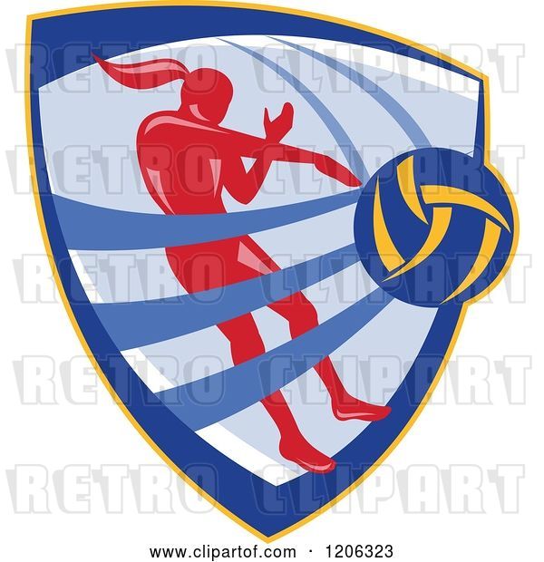 Vector Clip Art of Retro Female Volleyball Player Spiking a Ball Inside a Crest Shield