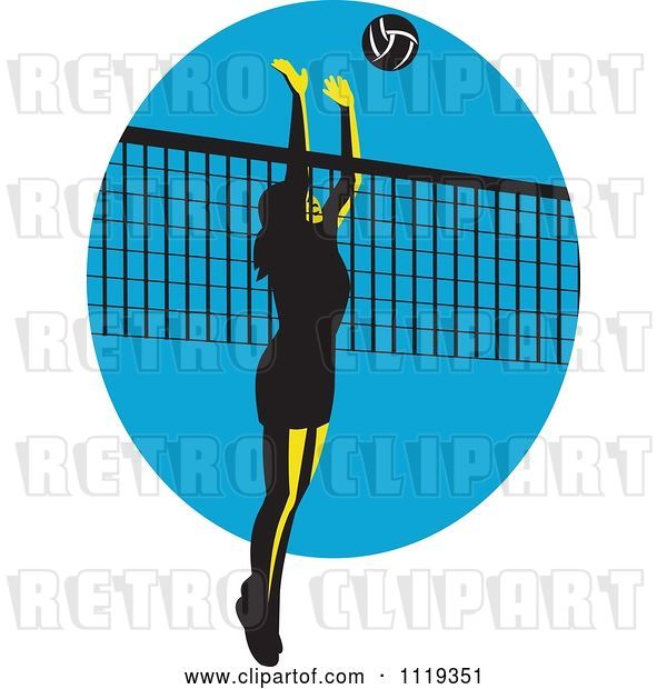 Vector Clip Art of Retro Female Volleyball Player Spiking over a Net on Blue