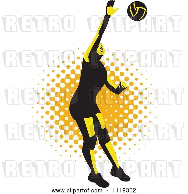 Vector Clip Art of Retro Female Volleyball Player Spiking over Halftone