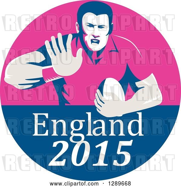 Vector Clip Art of Retro Fending Rugby Union Player with Ball in a Pink and Blue England 2015 Circle