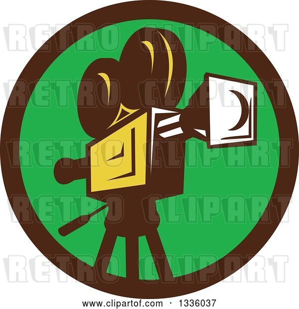 Vector Clip Art of Retro Film Movie Camera in a Brown and Green Circle