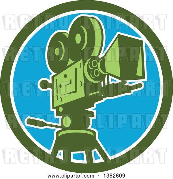 Vector Clip Art of Retro Film Movie Camera in a Green White and Blue Circle