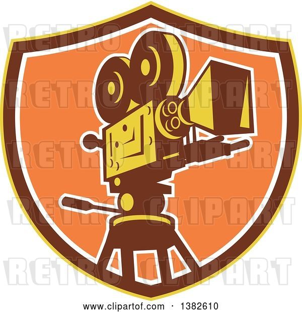 Vector Clip Art of Retro Film Movie Camera in a Yellow Brown and Orange Shield
