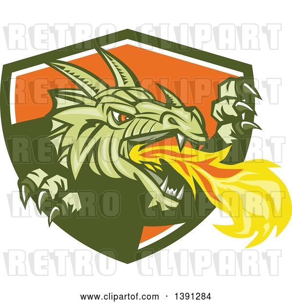Vector Clip Art of Retro Fire Breathing Dragon Emerging from a Green White and Shield