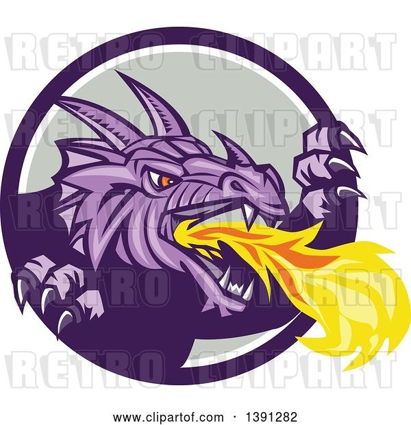 Vector Clip Art of Retro Fire Breathing Dragon Emerging from a Purple White and Gray Circle