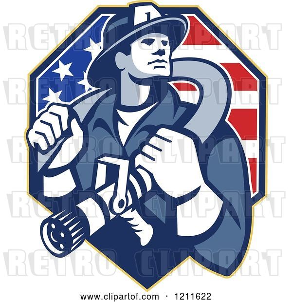 Vector Clip Art of Retro Fire Fighter Guy Holding a Hose on His Shoulders over an American Flag