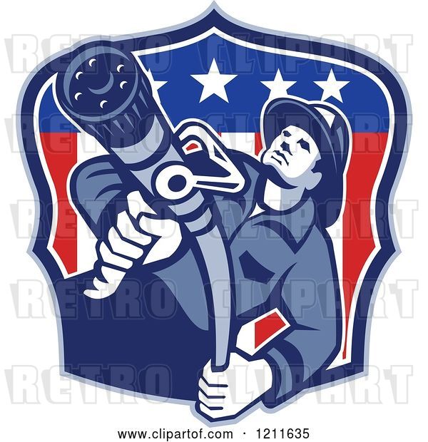 Vector Clip Art of Retro Fire Fighter Guy Holding a Hose over an American Flag Shield