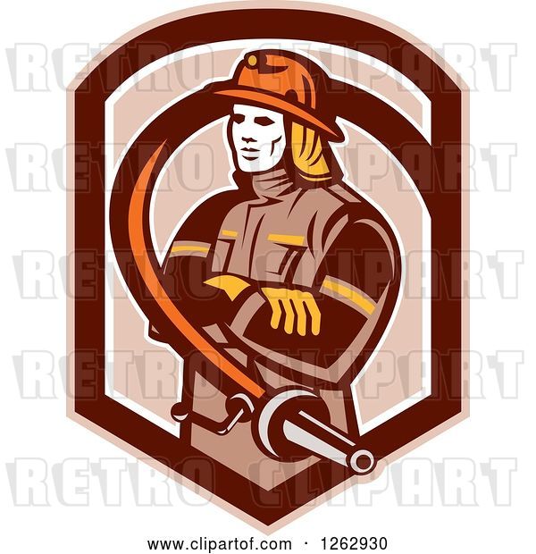 Vector Clip Art of Retro Firefighter Encircled with a Hose in a Brown Shield
