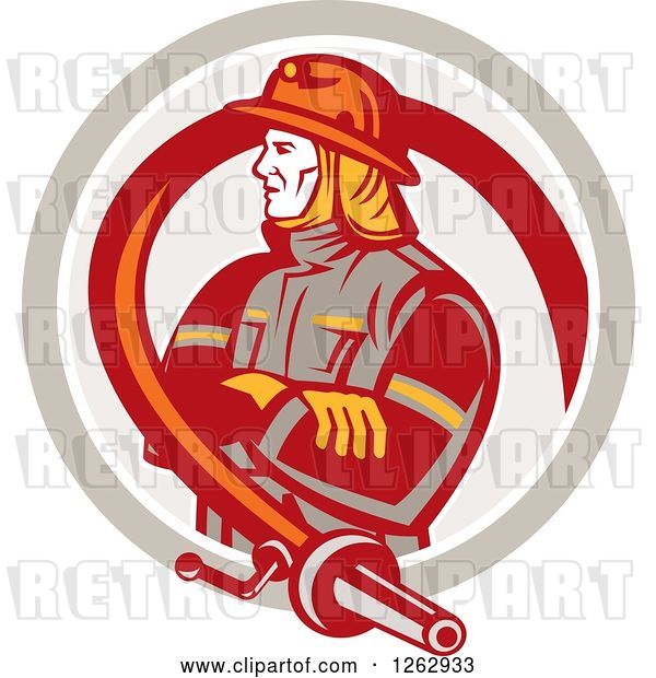 Vector Clip Art of Retro Firefighter Encircled with a Hose in a Circle
