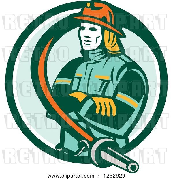 Vector Clip Art of Retro Firefighter Encircled with a Hose in a Green and White Circle
