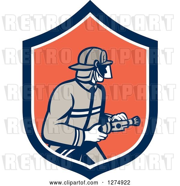 Vector Clip Art of Retro Firefighter Holding a Hose in a Blue White and Orange Shield